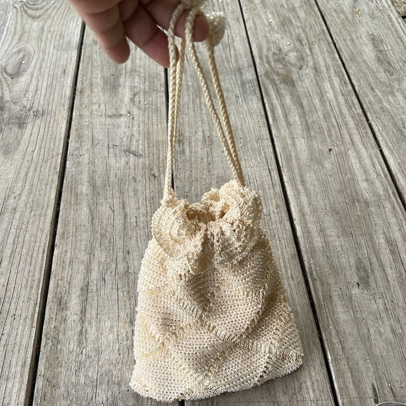 Vintage Valerie Stevens Beaded Drawstring Pouch Bag Ivory Cream Bridal Purse - Picture 7 of 10